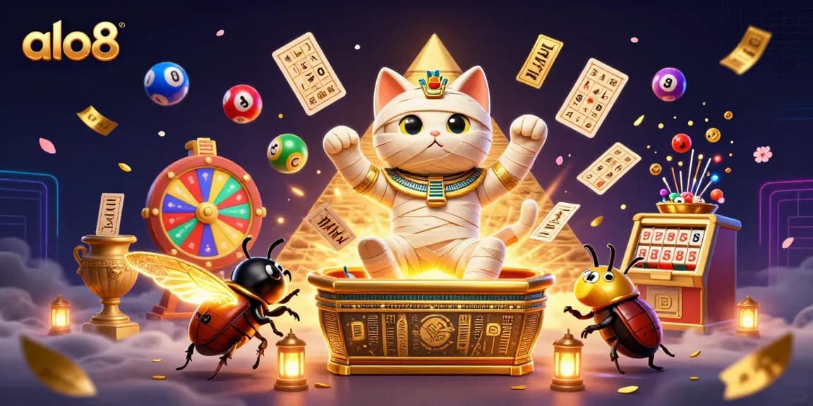 Experience the excitement of alo8 with a bursting mummy cat and lively casino elements.