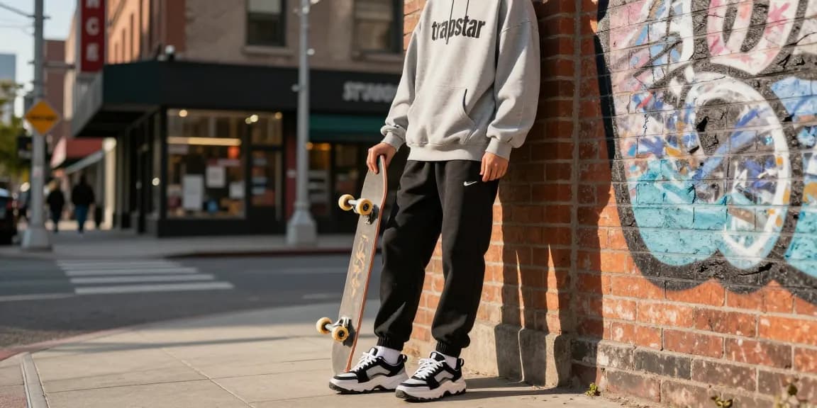 Stile casual streetwear di Trapstar Italy con felpa oversized e skateboard