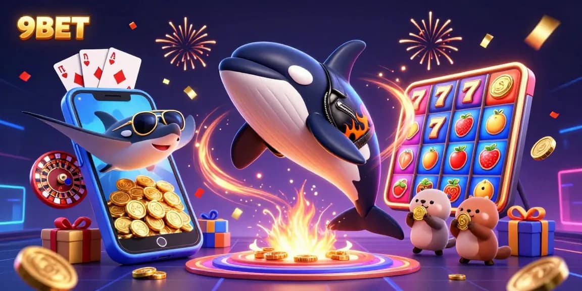 Experience the thrill of 9BET with an exciting illustration showing characters winning big in casino games.