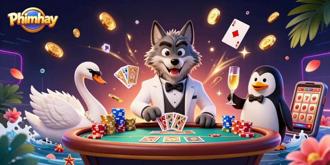 Phimhay showcases a vibrant casino scene with dynamic characters amidst cascading coins and lively game elements.