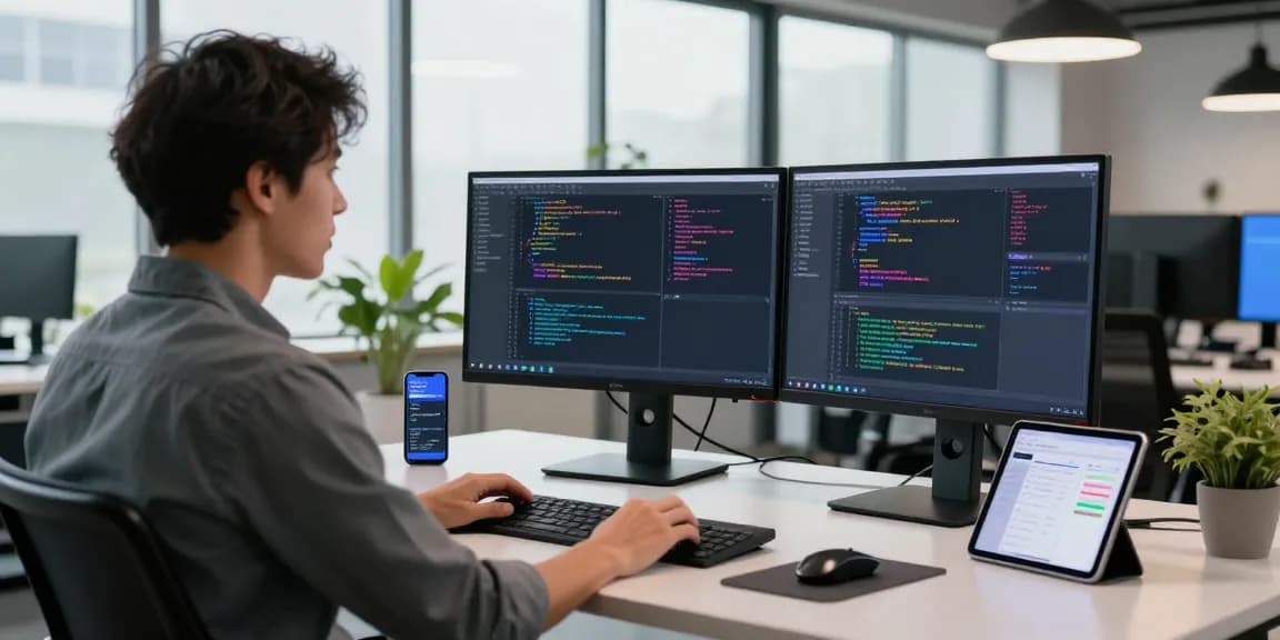 Dynamic workspace depicting a developer coding with dual monitors in a bright office, highlighting the WPS Official Website experience