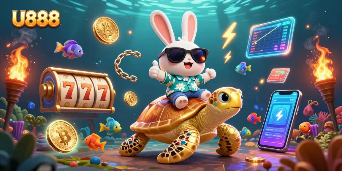 U888 showcases an exciting casino experience with 3D lucky rabbit and sea turtle amid vibrant slot games.