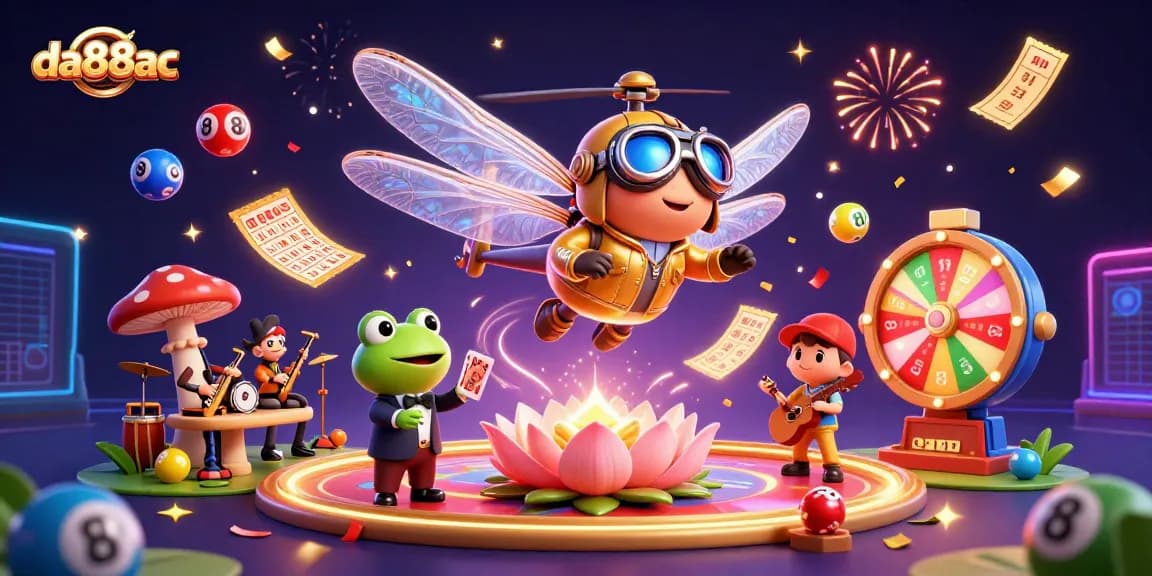 Exciting scene featuring da88ac's dragonfly pilot amidst casino elements, with colorful lottery balls and a frog croupier.