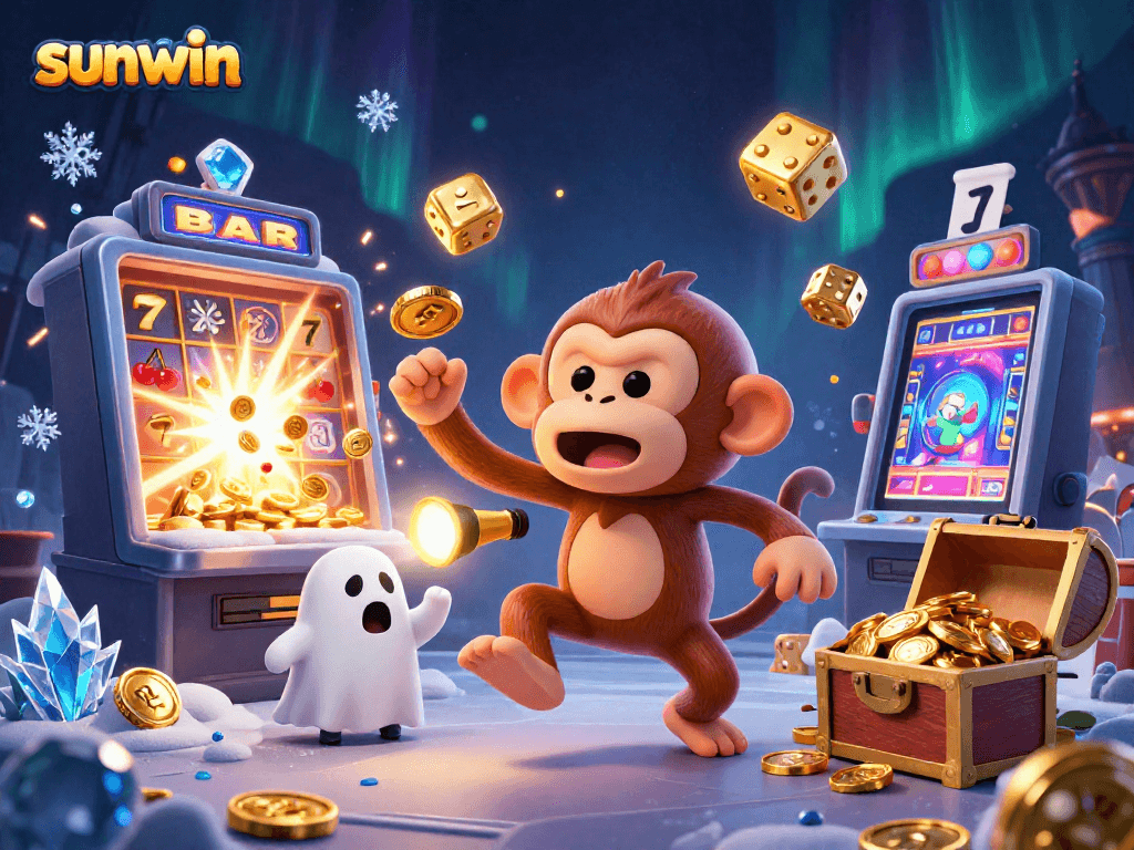 Experience sunwin's thrilling gaming adventures with a playful poltergeist monkey juggling golden treasures in a haunted casino.