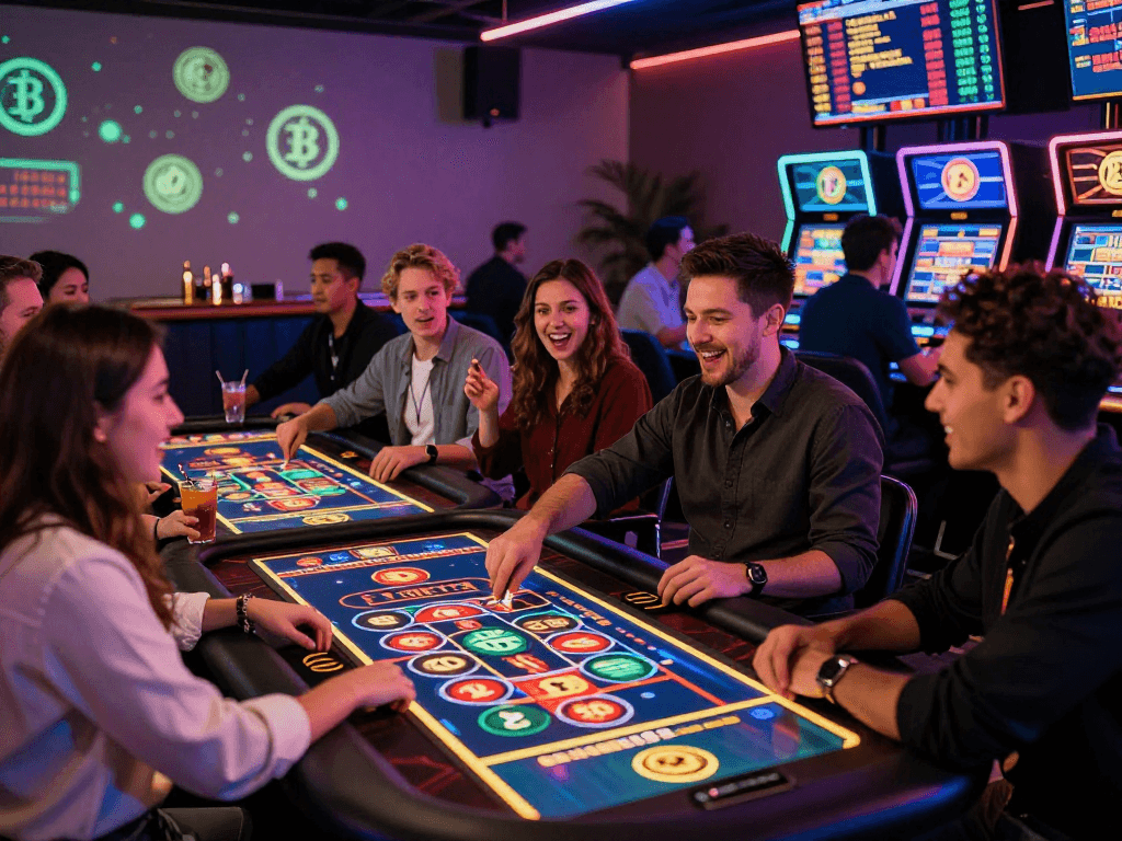Engaged players enjoying a crypto casino experience with vibrant neon lights and advanced gaming technology.