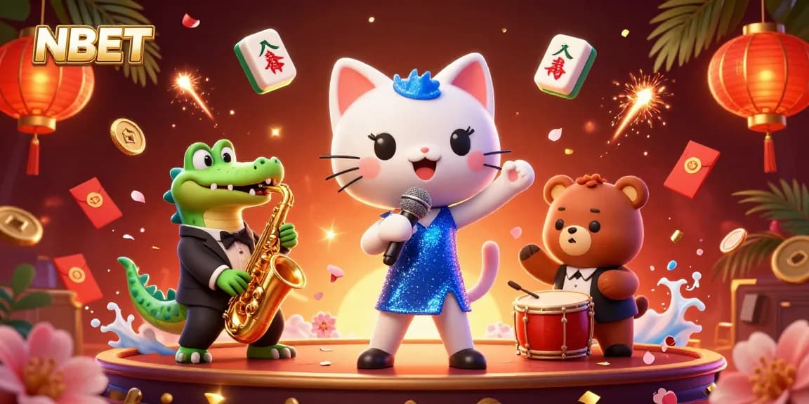Experience thrilling NBET action with a jazzy cat, croc, and bear in a vibrant casino scene.