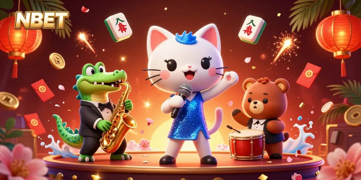 Experience thrilling NBET action with a jazzy cat, croc, and bear in a vibrant casino scene.