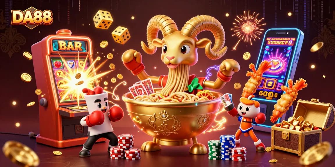 Win big with DA88 in a vibrant casino scene featuring playful characters and exciting gaming elements.