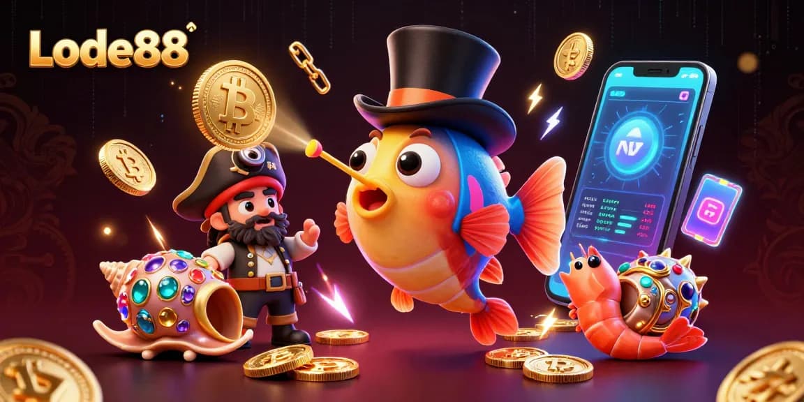 Engage with Lode88's vibrant casino scene featuring a deep-sea anglerfish attracting treasure.