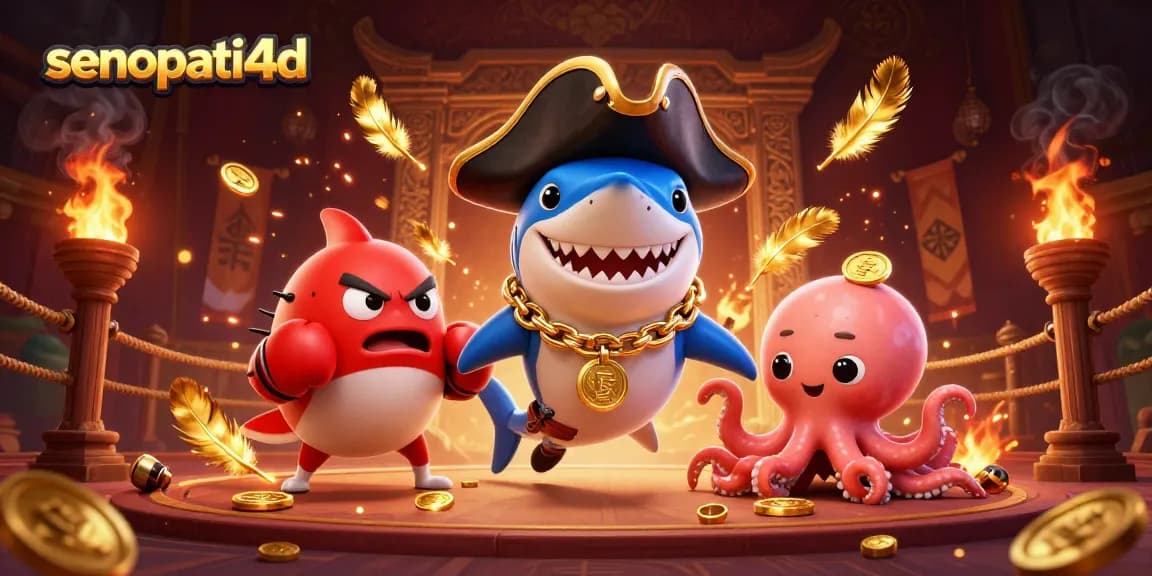 Engage in winning strategies at Senopati4d with a cartoon pirate shark, pufferfish, and octopus in a vibrant casino scene.