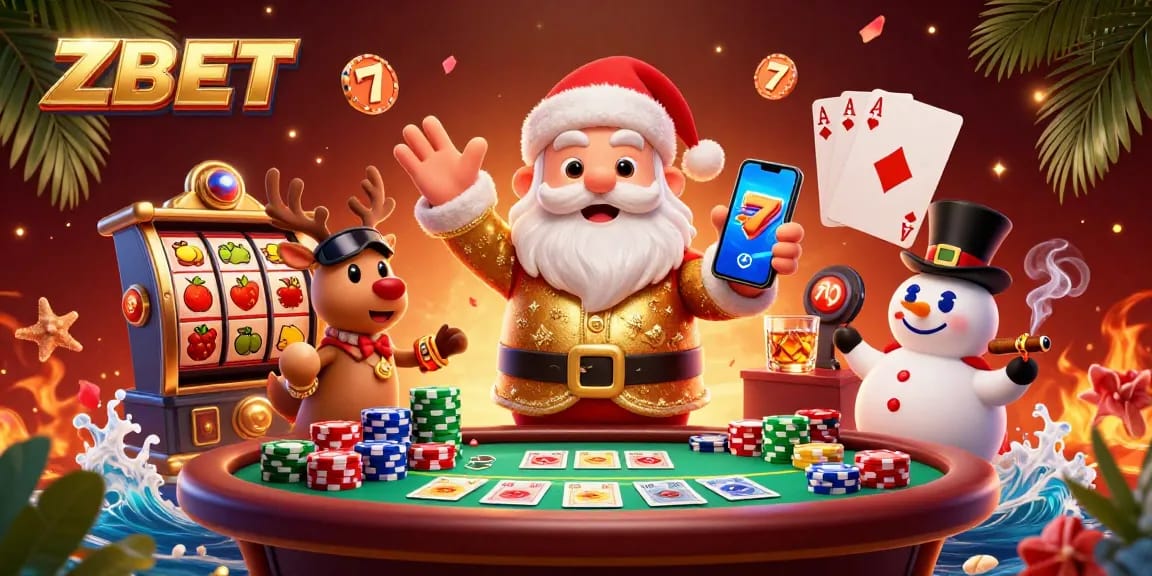 ZBET jackpot slots illustration featuring a festive Santa, reindeer dealer, and poker chip snowman.