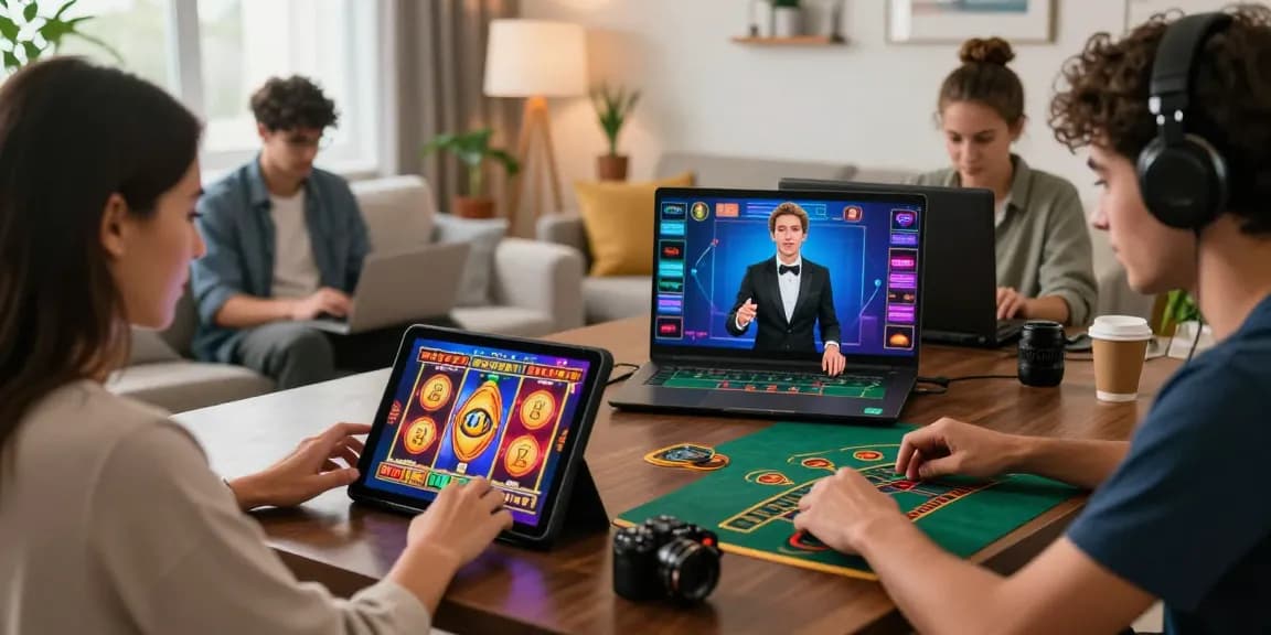 I giocatori si divertono con i giochi dei casino sicuri non AAMS sui loro dispositivi in una vivace lounge moderna.