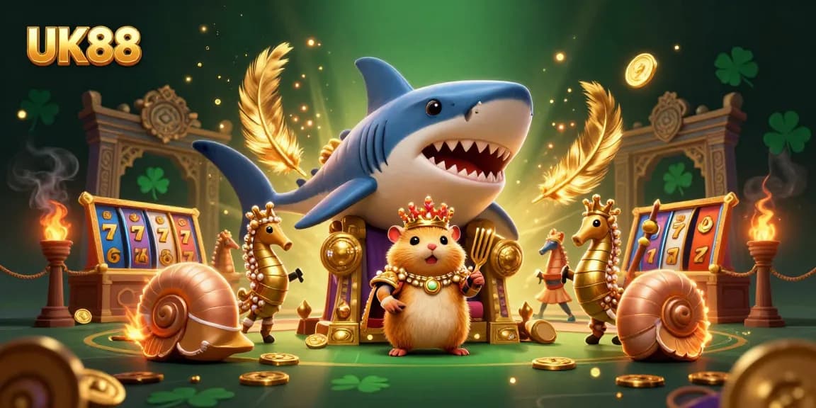 Engage in thrilling action at UK88 with a golden hamster king in an epic casino setting.