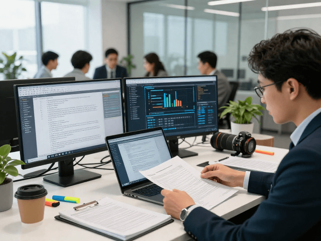 Compliance officer analyzing document fraud detection data in a professional office setting with advanced digital tools.