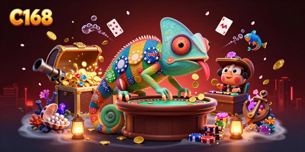 C168 players dive into a colorful chameleon casino atmosphere, capturing rewards in vivid adventure.