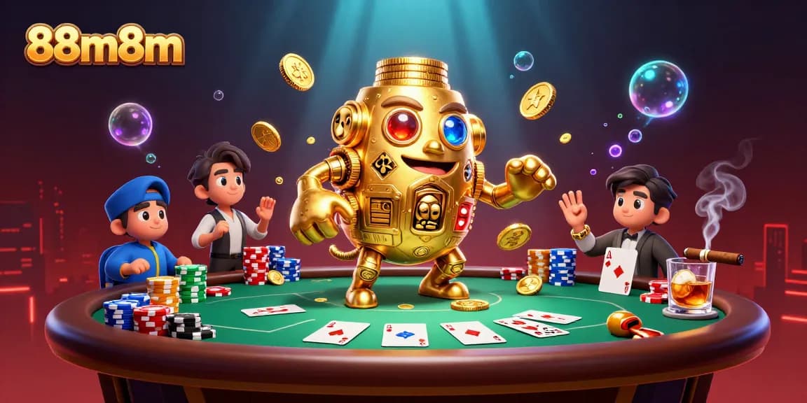 Engage with 88m8m for an immersive casino experience featuring a cartoon gold golem and poker elements.