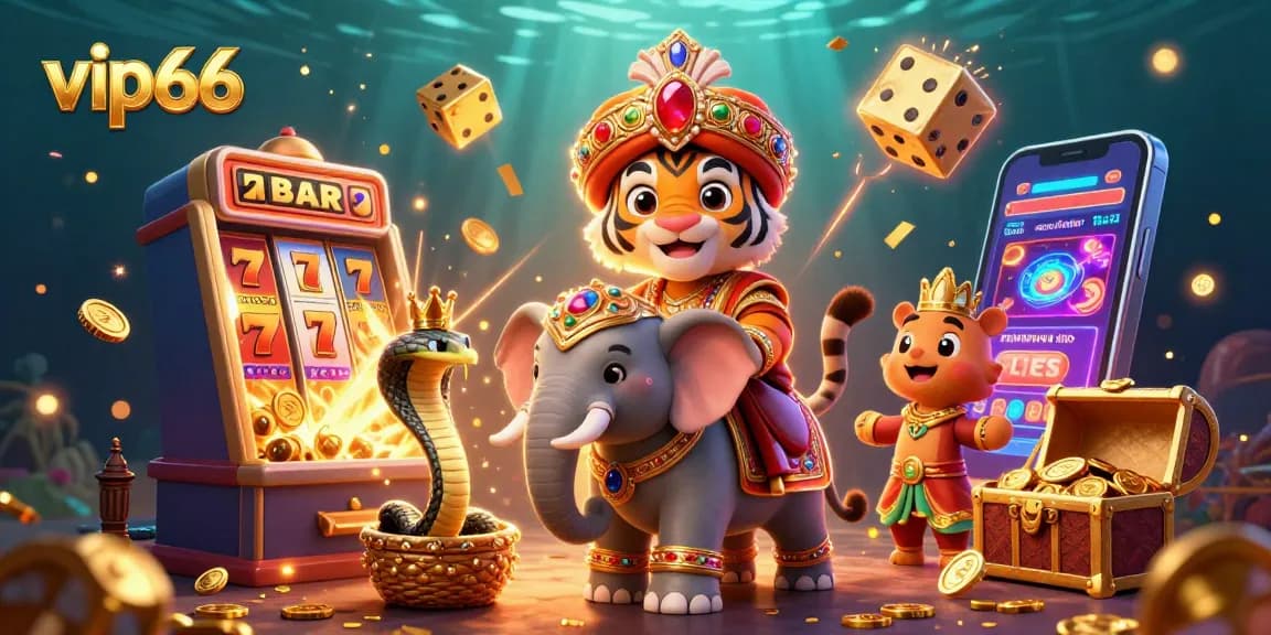 Experience excitement with VIP66’s vibrant online casino adventure featuring a tiger, elephant, and jackpot thrills.