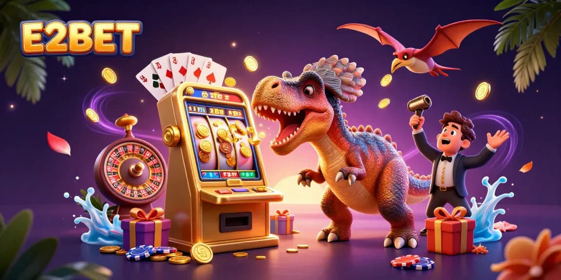 E2BET jackpot wins as a pachycephalosaurus interacts with the slot machine amidst casino chaos.