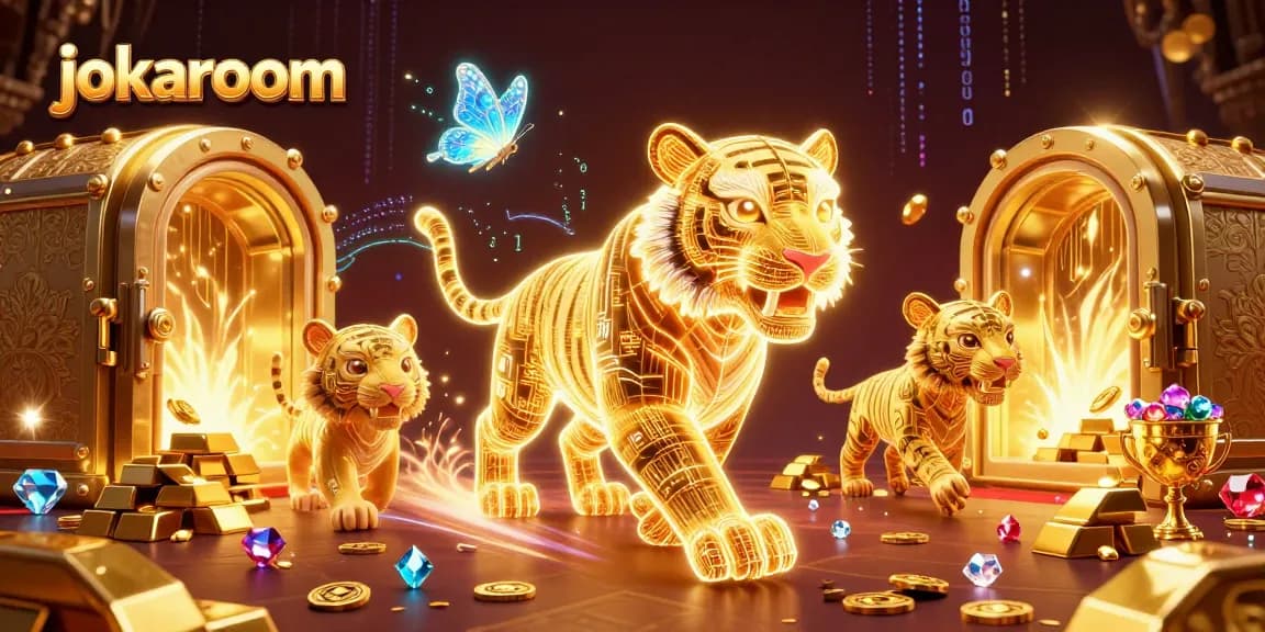 Experience thrilling gameplay at jokaroom, a vivid digital casino scene featuring a golden tiger and treasures.