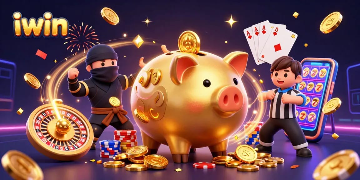 Win at iwin with a sumo wrestler piggy bank surrounded by coins and gaming elements.