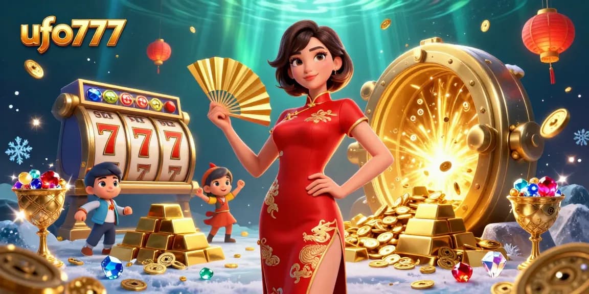 Engage with ufo777's thrilling slot adventure featuring a radiant Asian woman and vibrant casino elements.