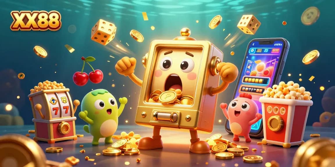 Experience a thrilling jackpot at XX88 with a golden slot machine winning coins amidst cheering companions and bursting casino elements.