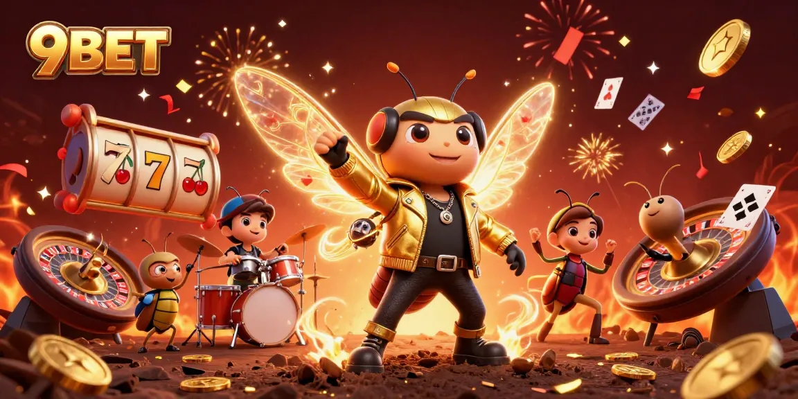 Experience the excitement of 9BET with vibrant casino elements and dynamic characters.