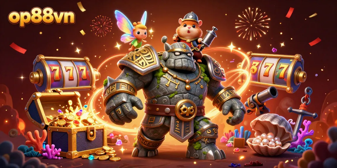 Experience the magic of winning at op88vn with vibrant casino-themed characters in a 3D illustration.