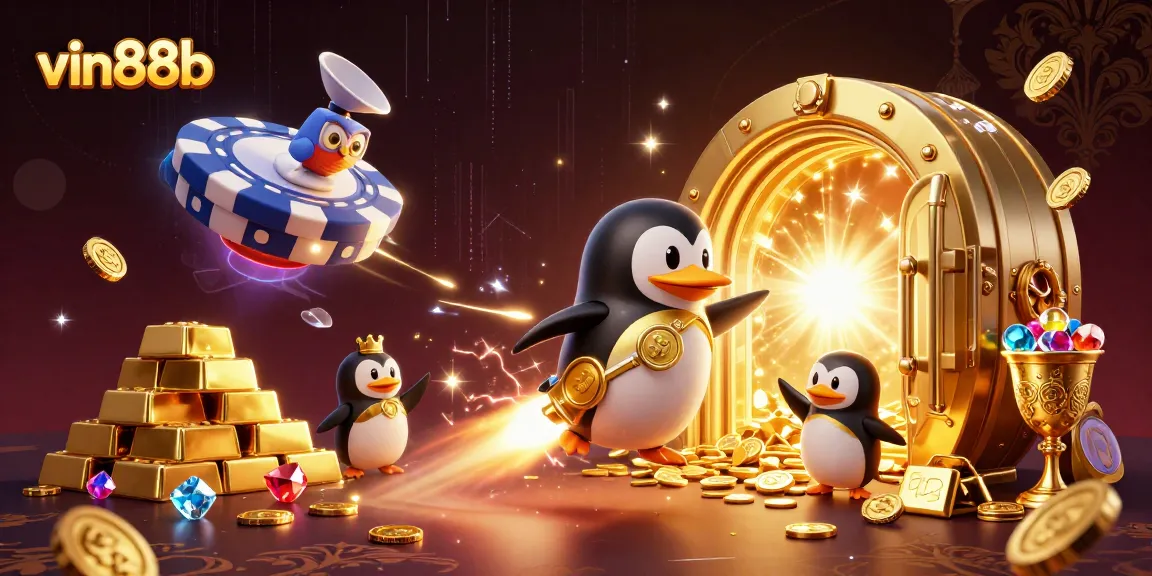 Experience thrilling gameplay with vin88b and a golden penguin blasting through space!
