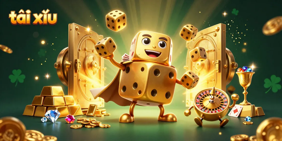 Play tài xỉu with energetic golden dice golem in a vibrant 3D casino scene full of treasures.