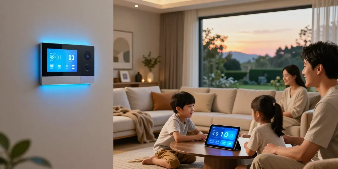 Family enjoying movie night in a cozy living room with smart thermostat adjusting temperature settings for comfort.