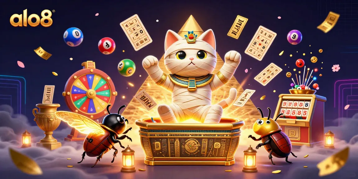 Experience the excitement of alo8 with a bursting mummy cat and lively casino elements.