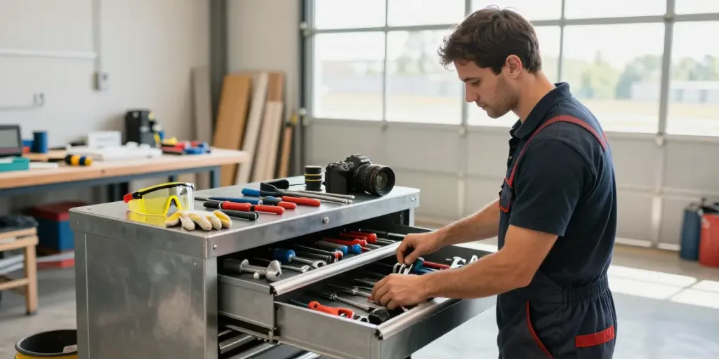 Cassettiera officina piena di utensili, organizzata da un tecnico alla luce del giorno.