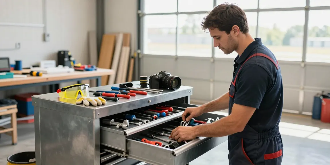 Cassettiera officina piena di utensili, organizzata da un tecnico alla luce del giorno.