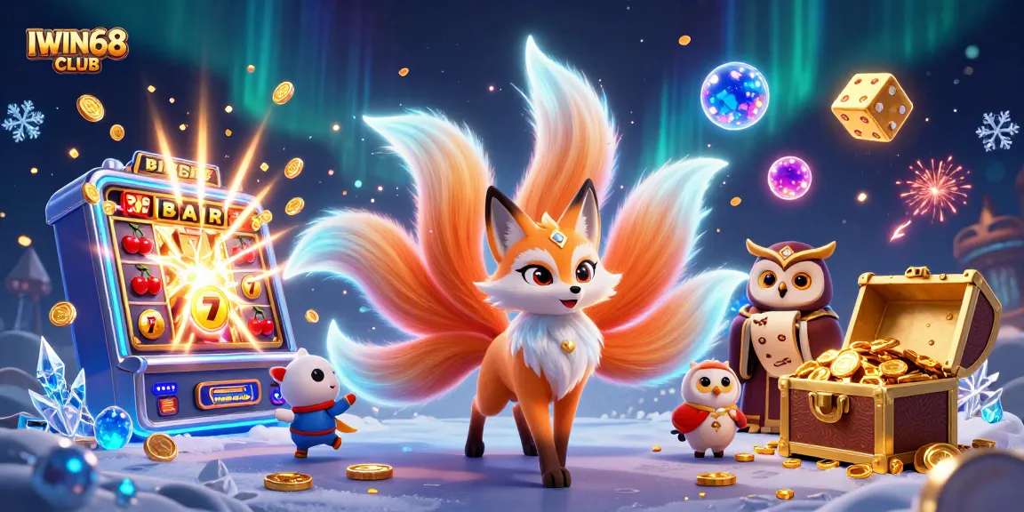 IWIN68 CLUB dazzles with vibrant casino energy featuring a nine-tailed fox spirit and a wise owl in a colorful gambling scene
