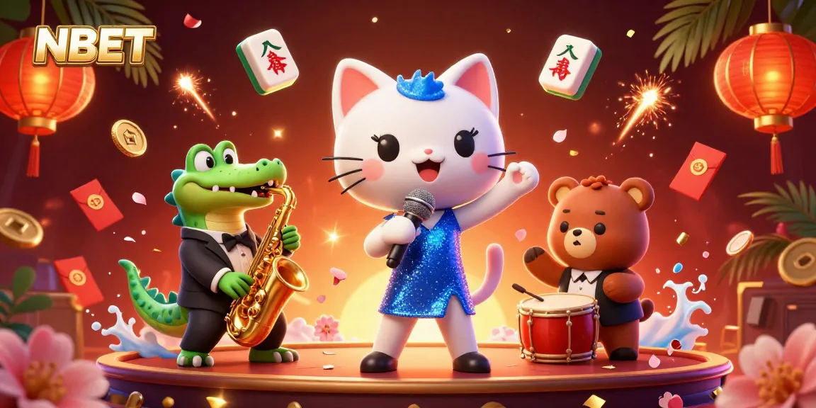 Experience thrilling NBET action with a jazzy cat, croc, and bear in a vibrant casino scene.