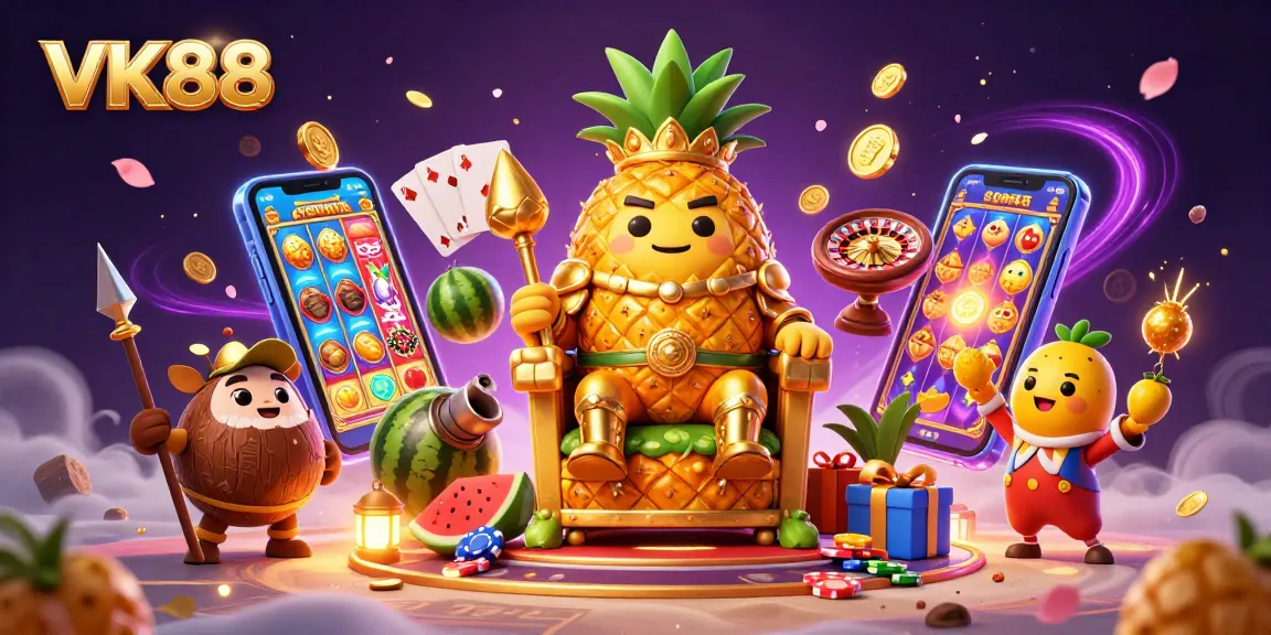 Experience the thrill of VK88's casino games with the golden pineapple king and vibrant gaming elements.