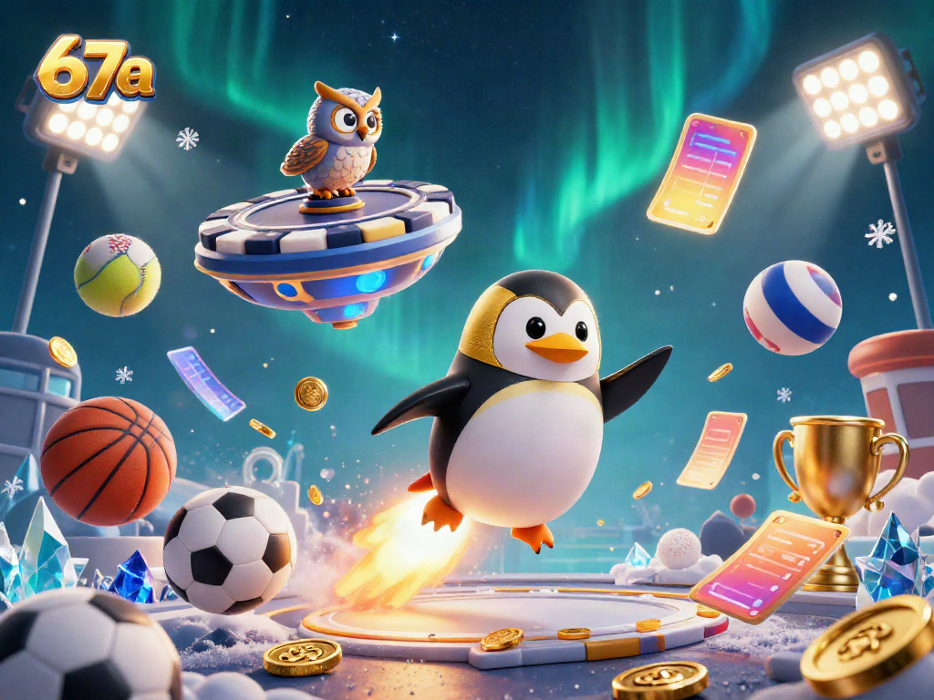 Experience casino fun with 67a by witnessing a penguin and sports icons in a vibrant 3D casino scene.