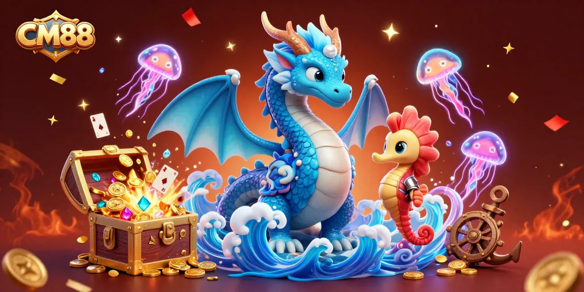 Experience thrilling gameplay at CM88 with enchanting elements like a majestic dragon and bubbly treasure.