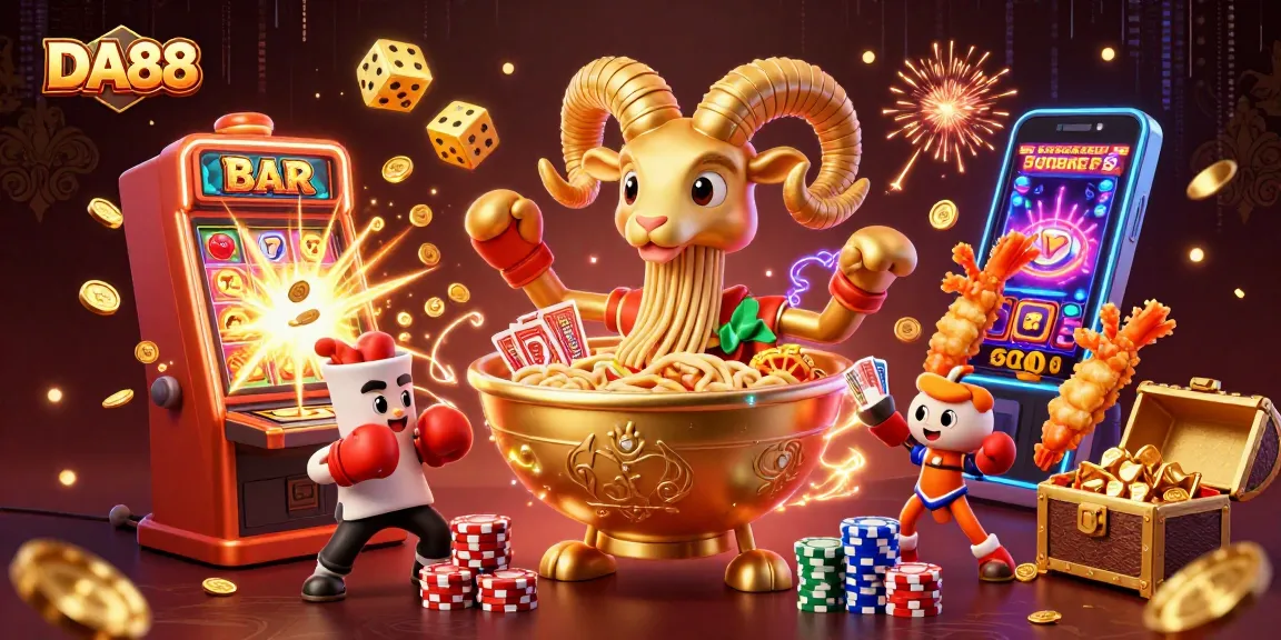 Win big with DA88 in a vibrant casino scene featuring playful characters and exciting gaming elements.