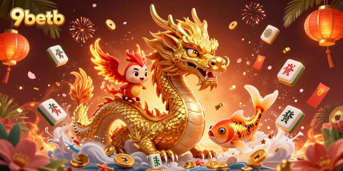 Engage in thrilling games at 9betb with a fiery phoenix and golden dragon navigating vibrant casino elements.