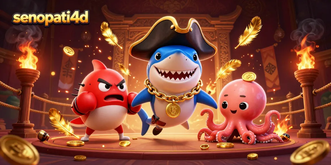 Engage in winning strategies at Senopati4d with a cartoon pirate shark, pufferfish, and octopus in a vibrant casino scene.