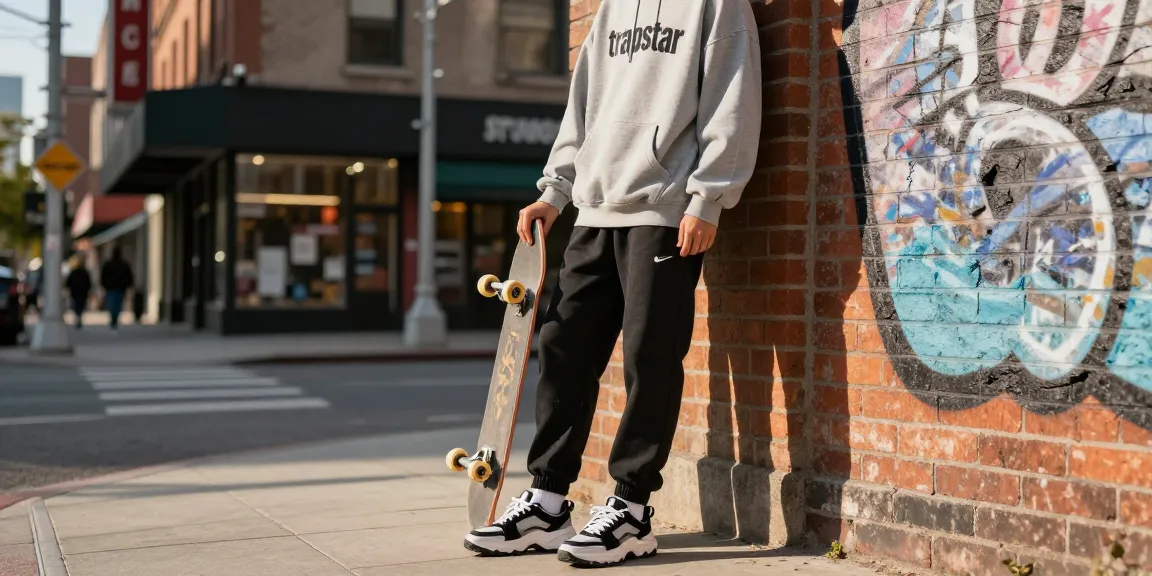 Stile casual streetwear di Trapstar Italy con felpa oversized e skateboard