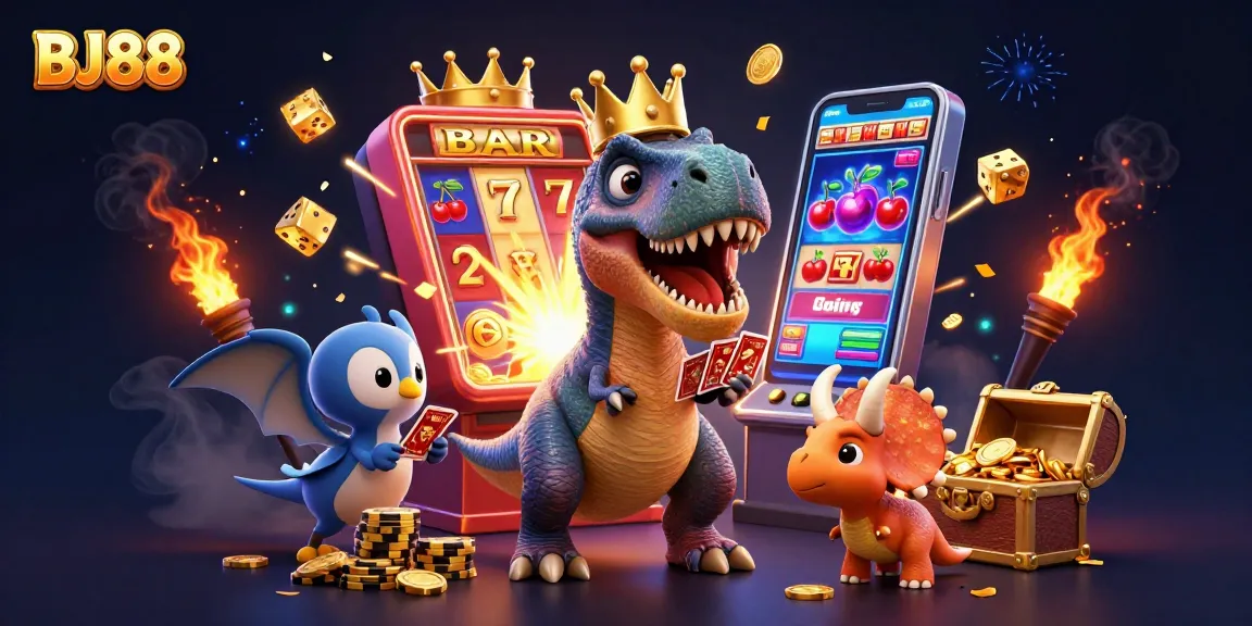 BJ88 captivates gamblers with a vibrant 3D scene of casino action and characters.