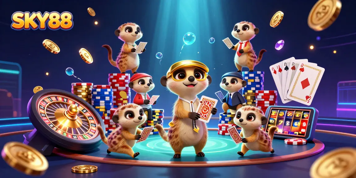 Experience thrilling gambling at SKY88 with fun meerkat characters in a vibrant 3D casino.