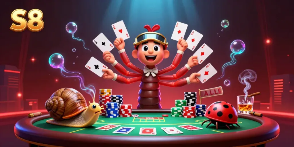 S8 engages players with a vibrant poker scene featuring a millipede dealer and chip stacks.