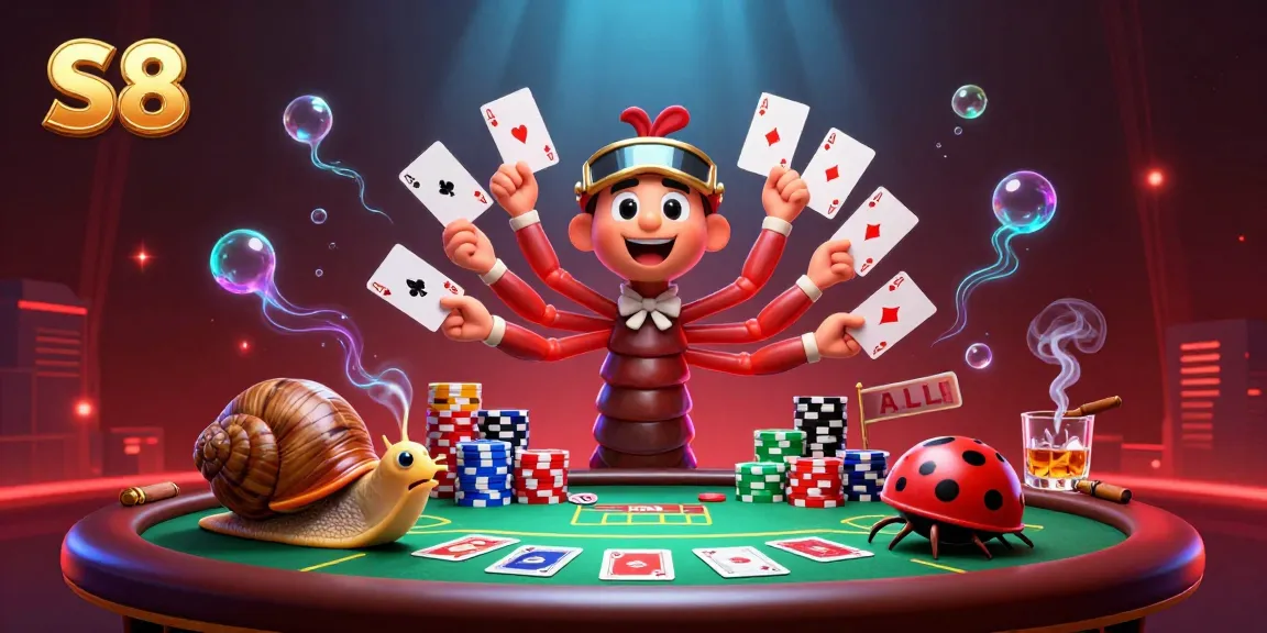 S8 engages players with a vibrant poker scene featuring a millipede dealer and chip stacks.