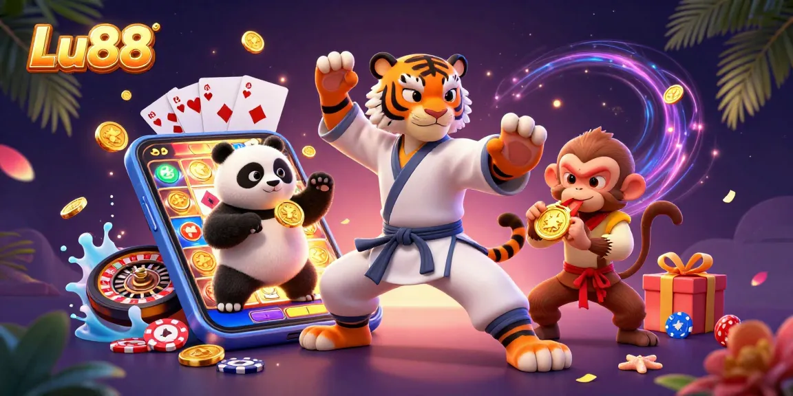 Experience thrilling gameplay at Lu88 with a kung fu tiger master, panda disciple, and monkey achieving golden wins.