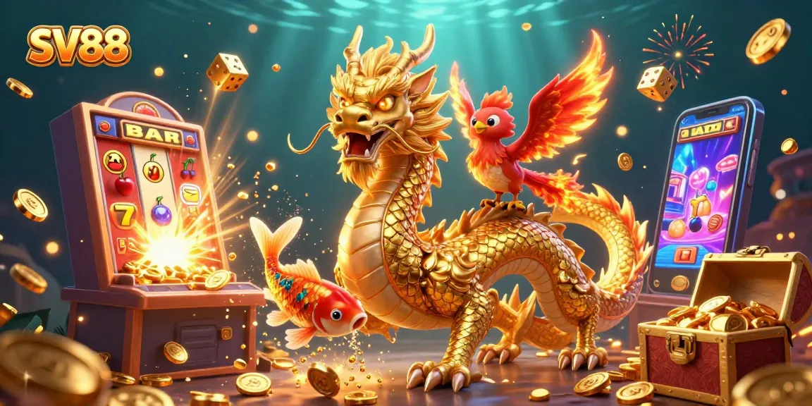 SV88 players experience vibrant casino excitement with a golden dragon, phoenix, and leaping koi.