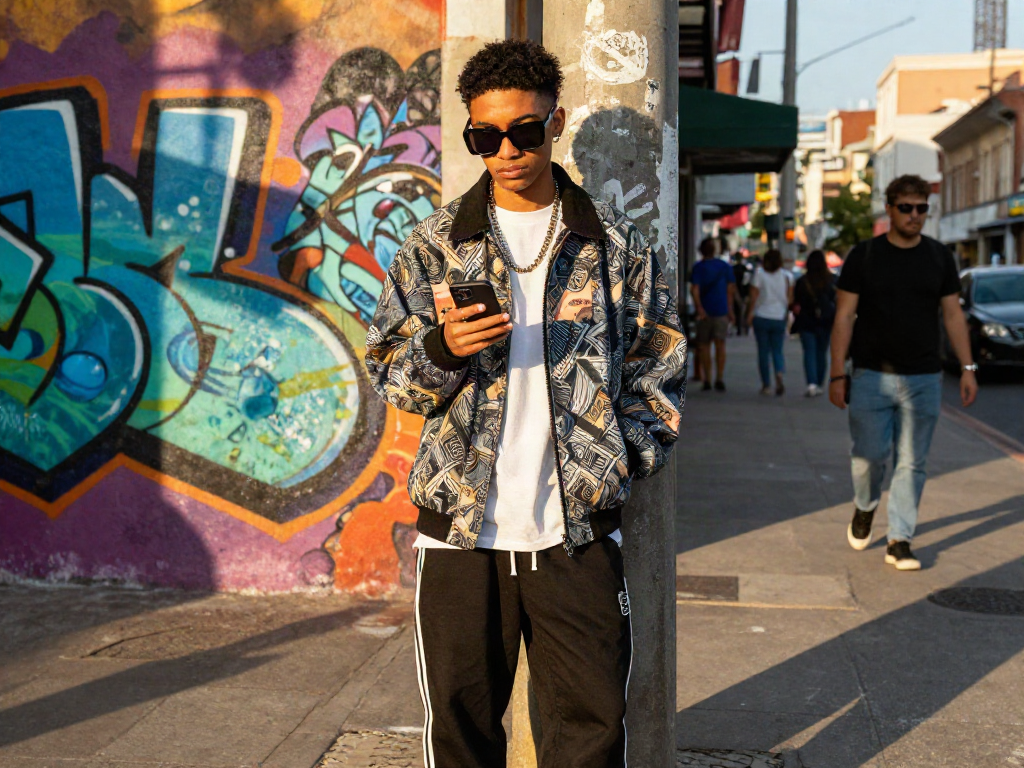 Fashionable individual showcasing rokok88-inspired urban style against vibrant street art.